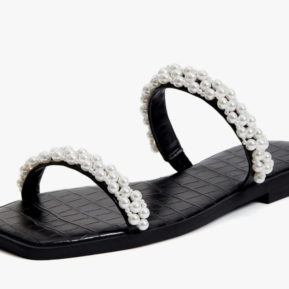 NWOT Flat Sandals Square Open Toe Pearl Two Straps